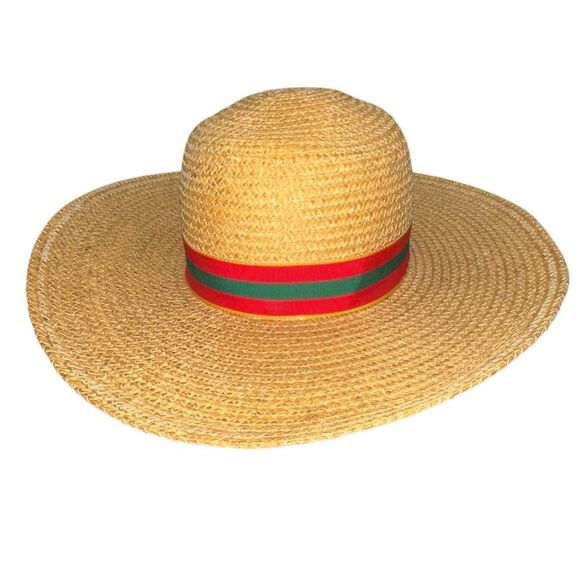 Vintage 80s Banana Republic Wide Brim Straw Raffia size S-M red, green, gold rib - Picture 6 of 10